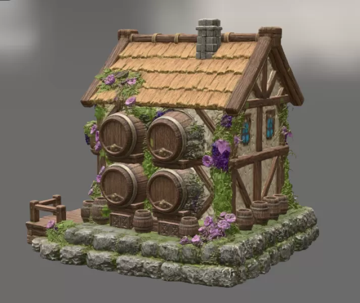 Fantasy Wine Cottage – Medieval Vineyard House STL for 3D Printi - Model preview 4