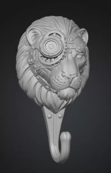 STL File Description — Steampunk Lion Head Wall Hook High Detail - Model preview 2