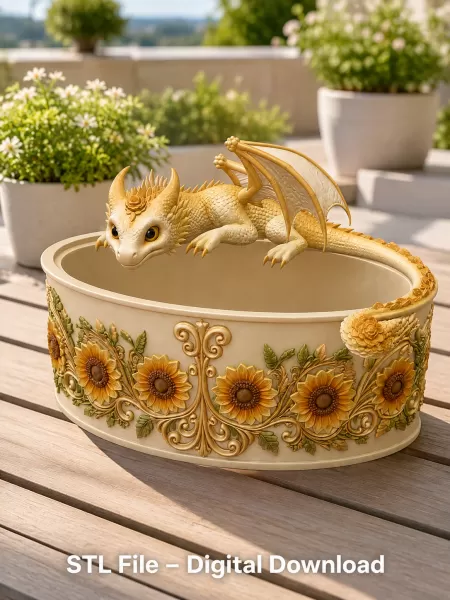 Golden Sunflower Dragon Planter STL File for 3D Print - Model preview 2