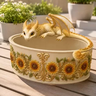 Golden Sunflower Dragon Planter STL File for 3D Print - Model thumbnail 2