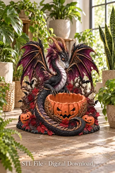 Gothic Halloween Dragon Pumpkin Bowl STL File for 3D Print - Model preview 5