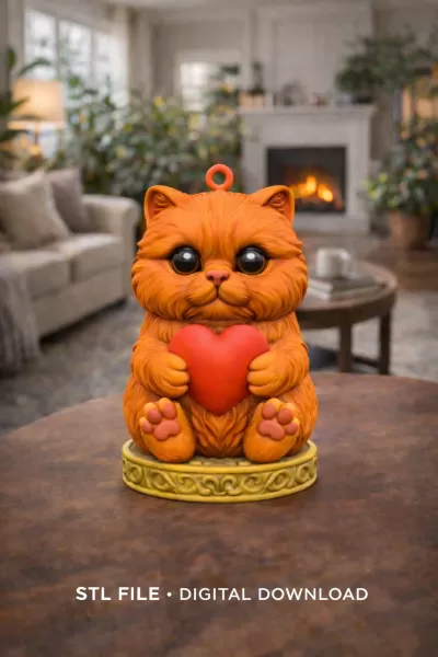Adorable Persian cat figurine holding a heart Pendant - Model preview 6