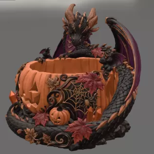 Halloween Dragon Pumpkin Bowl STL File for 3D Print - Model thumbnail 9