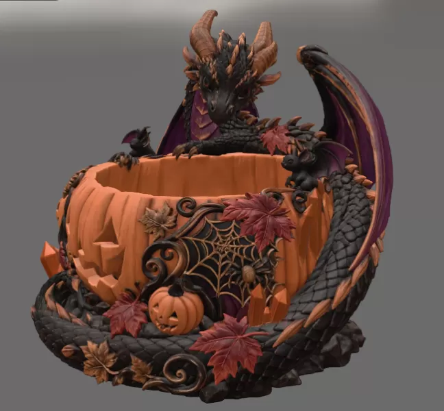 Halloween Dragon Pumpkin Bowl STL File for 3D Print - Model preview 9