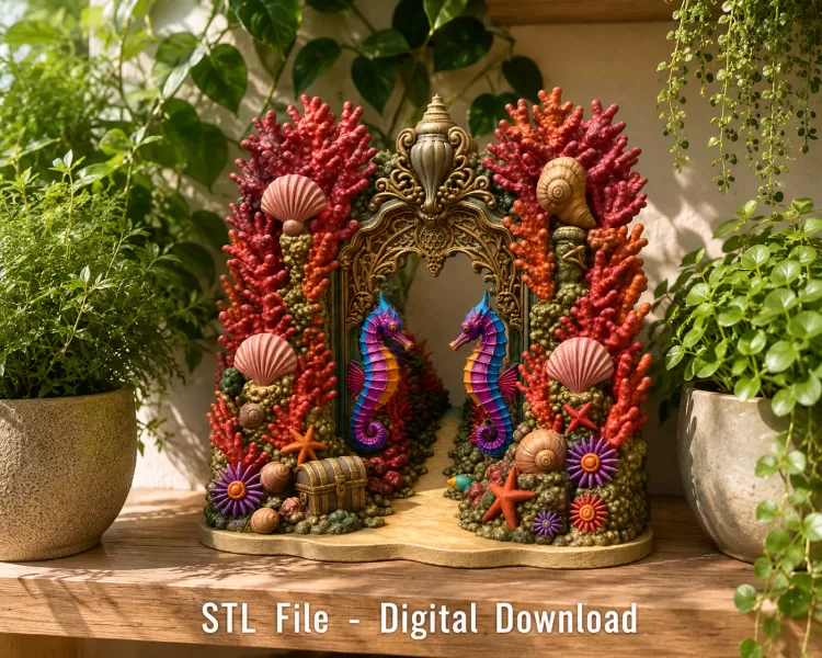 Coral Seahorse Fantasy Gateway STL File for 3D Print - Model preview 3