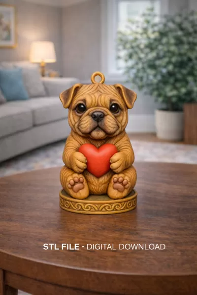 Cute Bulldog Puppy Pendant — Heart Holding Figurine - STL file - Model preview 7
