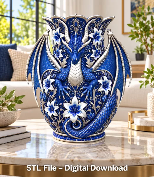Royal Blue Lily Dragon Vase STL File for 3D Print - Model preview 1