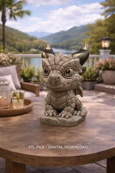 Baby Stone Dragon STL File 3D Printable Fantasy Dragon Figurine - Model preview 2