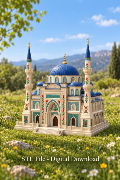 Blue Dome and Twin Minaret Architecture STL File for 3D Print - Model preview 3