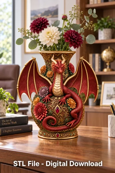 Crimson Floral Dragon Vase STL File for 3D Print - Model preview 4