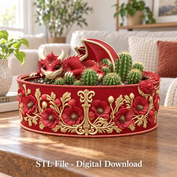 Crimson Poppy Dragon Planter STL File for 3D Print - Model preview 1