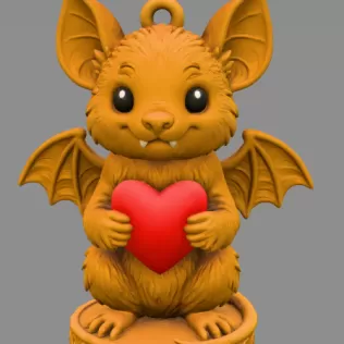 Gothic Cute Bat Holding Heart STL – 3D Print Animal Ornament - Model thumbnail 3