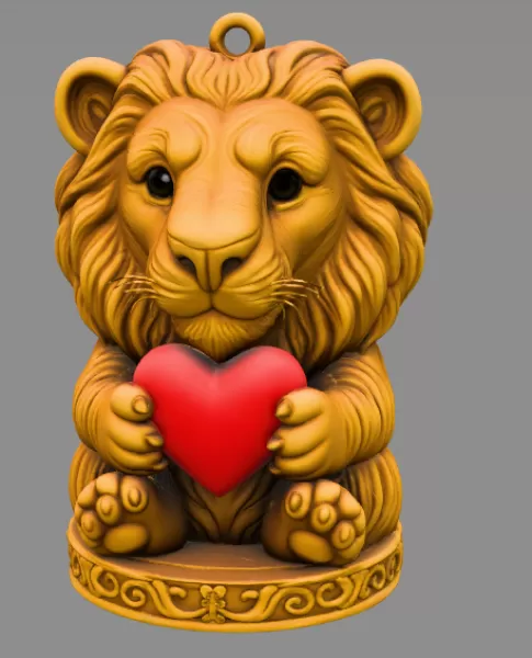 Cute Lion with Heart – 3D Printable STL File - Model preview 3
