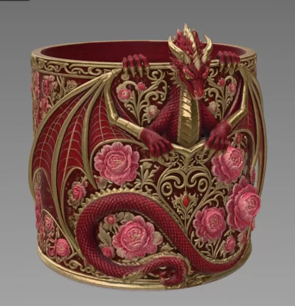 Red Floral Dragon Flower Pot STL File for 3D Print - Model preview 11