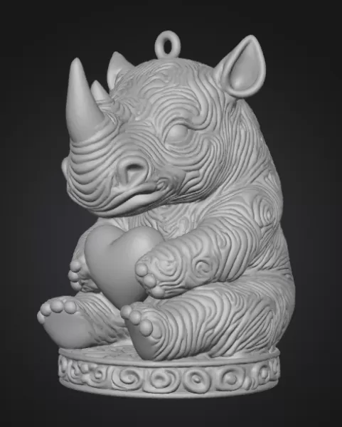 Cute Rhino Figurine With Heart — Pendant / Ornament - Model preview 3