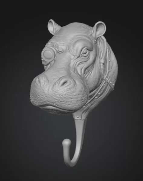 STL File Description — Steampunk Hippo Wall Hook - Model preview 2