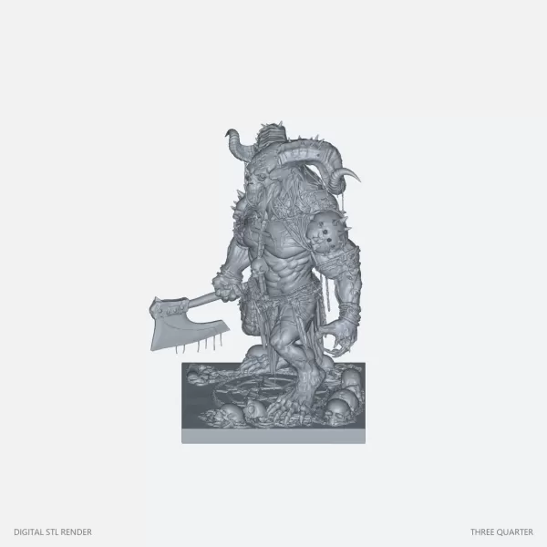 Horned Axe Warrior on Skull Base - STL - Model preview 2