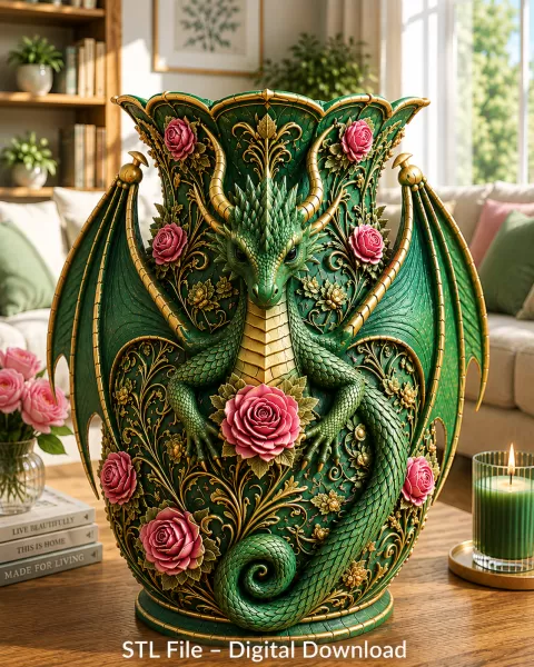 Emerald Rose Dragon Vase STL for 3D Print - Model preview 5