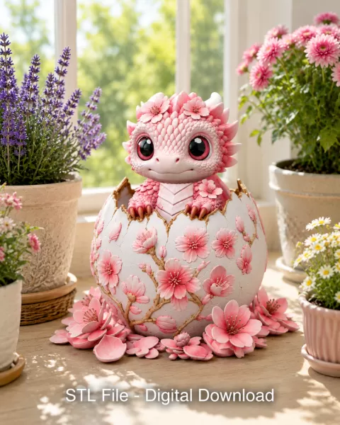 Cherry Blossom Baby Dragon in Egg STL File for 3D Print - Model preview 1