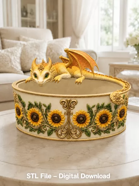 Golden Sunflower Dragon Planter STL File for 3D Print - Model preview 3