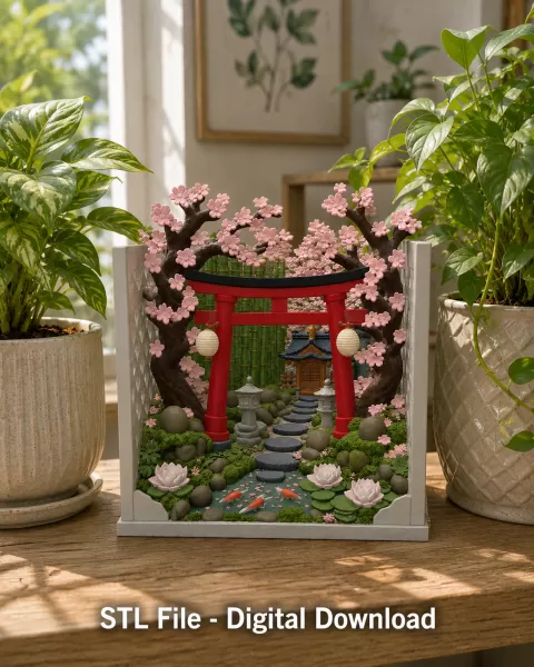Sakura Sanctuary Book Nook STL File for 3D Print - Model preview 3