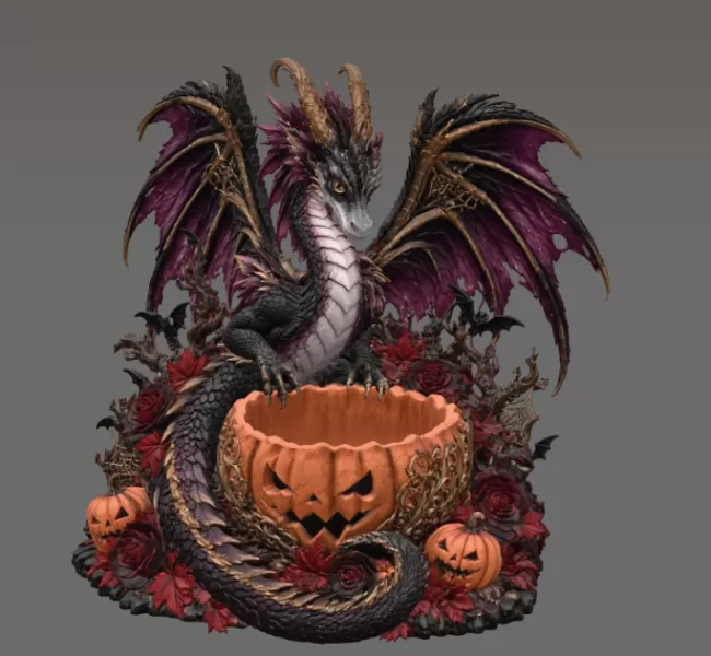 Gothic Halloween Dragon Pumpkin Bowl STL File for 3D Print - Model preview 8