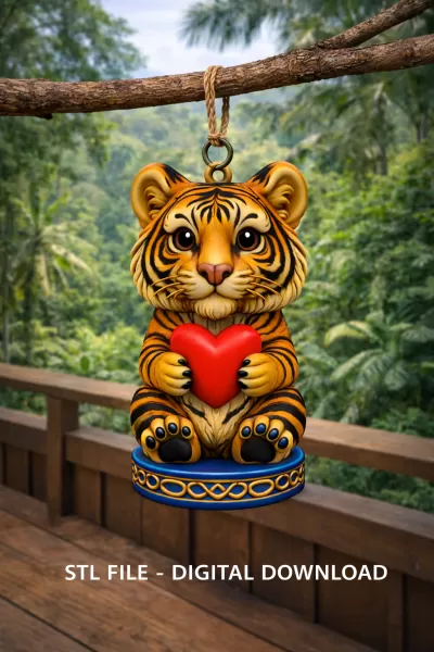 Cute Tiger with Heart – 3D Printable STL File - Model preview 1