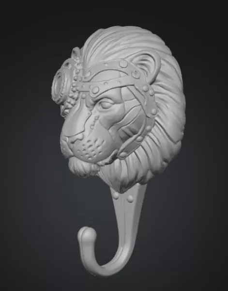 STL File Description — Steampunk Lion Head Wall Hook High Detail - Model preview 3
