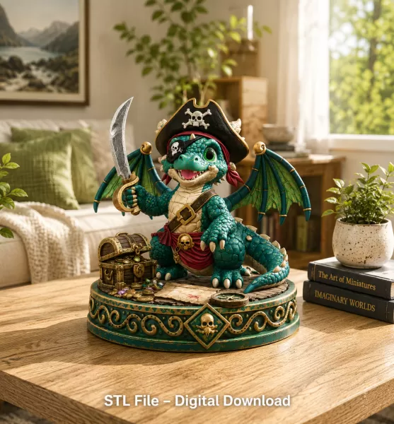 Cute Treasure Hunter Dragon STL File for 3D Printing - Model preview 2