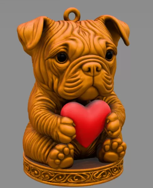 Cute Bulldog Puppy Pendant — Heart Holding Figurine - STL file - Model preview 5
