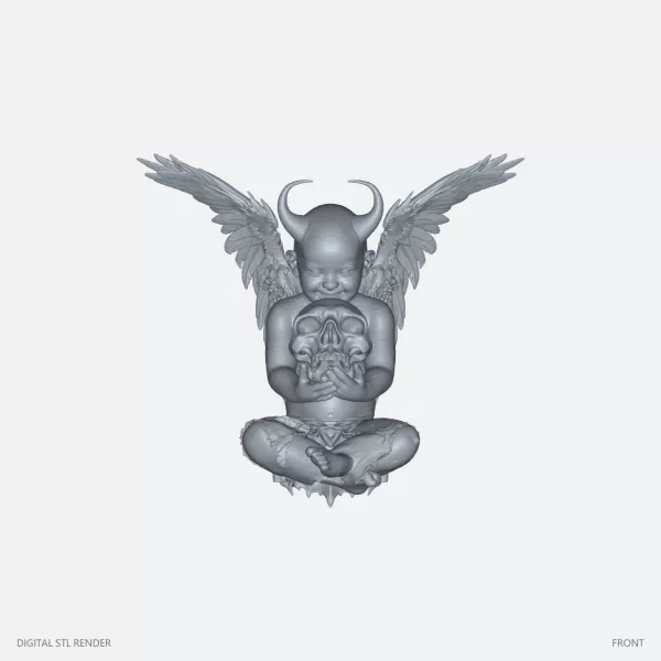 Horned Winged Cherub with Skull - STL - Model preview 1