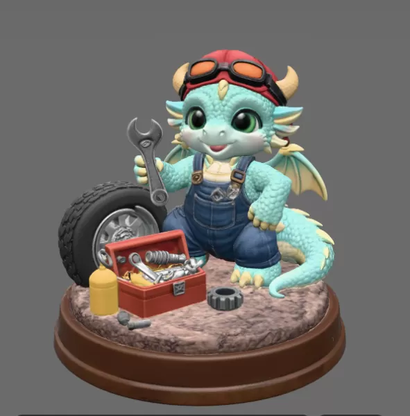 Cute Mechanic Dragon Figurine STL File for 3D Print - Model preview 3