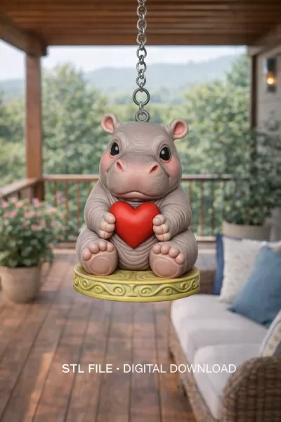 Cute Hippo Pendant — Heart Holding Figurine - Model preview 6