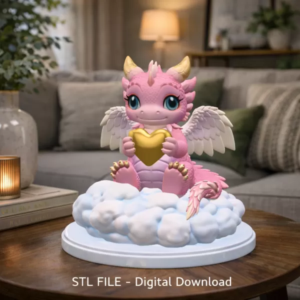 Cute Angel Dragon with Heart STL File 3D Print - Model preview 2