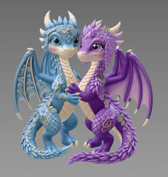 Romantic Floral Dragon Couple STL File for 3D Print - Model preview 6