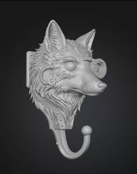 🦊 Steampunk Fox Wall Hook – STL File for 3D Printing - Model preview 5