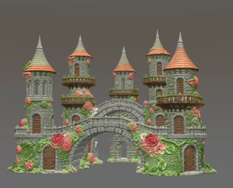 Enchanted Rose Castle Bridge Cottage STL File for 3D Printing - Model preview 3