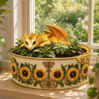Golden Sunflower Dragon Planter STL File for 3D Print - Model thumbnail 5