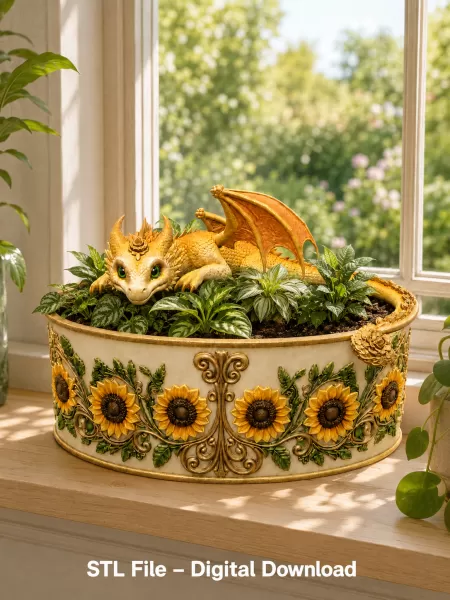 Golden Sunflower Dragon Planter STL File for 3D Print - Model preview 5