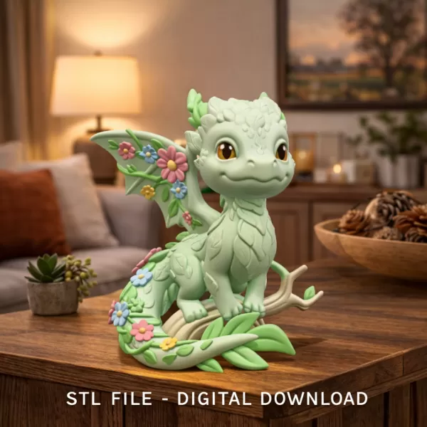 Floral Forest Dragon STL File 3D Printable Cute Fantasy Dragon - Model preview 1