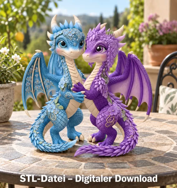 Romantic Floral Dragon Couple STL File for 3D Print - Model preview 2