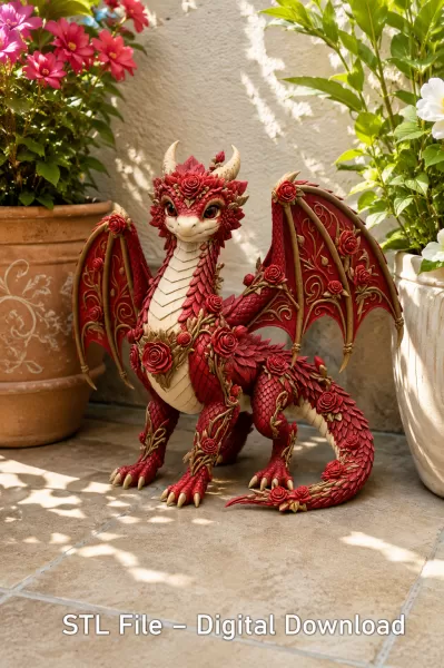 Crimson Rose Dragon STL File for 3D Print - Model preview 3