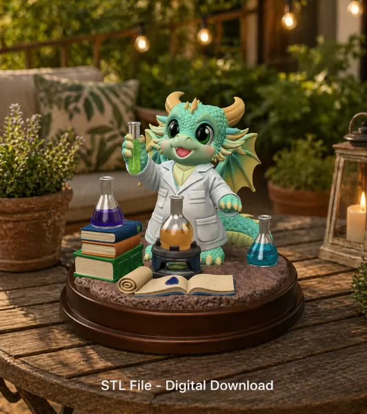 Cute Scientist Dragon Figurine STL File for 3D Print - Model preview 2
