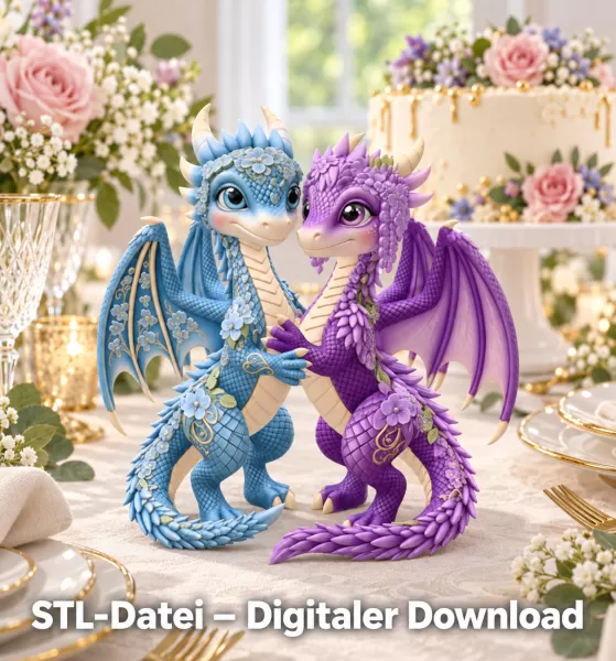 Romantic Floral Dragon Couple STL File for 3D Print - Model preview 3