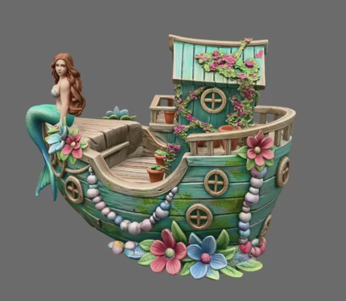Mermaid Boat House STL File 3D Printable Fantasy Mermaid Scene - Model preview 4