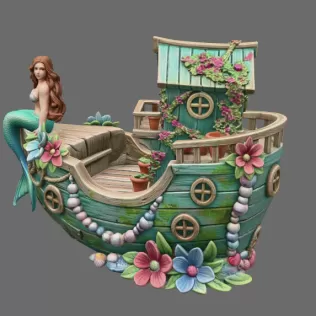 Mermaid Boat House STL File 3D Printable Fantasy Mermaid Scene - Model thumbnail 4