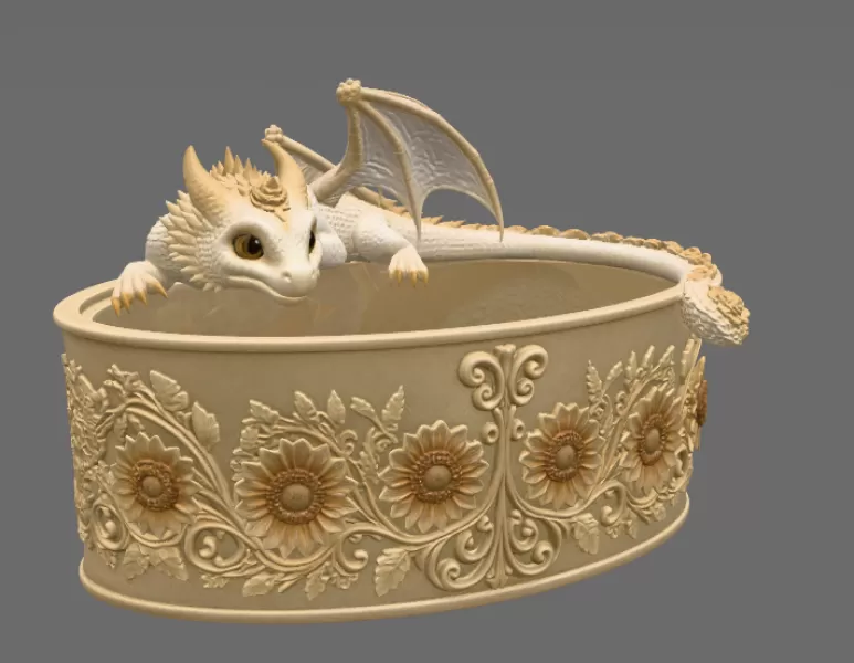 Golden Sunflower Dragon Planter STL File for 3D Print - Model preview 11