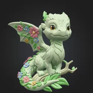 Floral Forest Dragon STL File 3D Printable Cute Fantasy Dragon - Model thumbnail 3