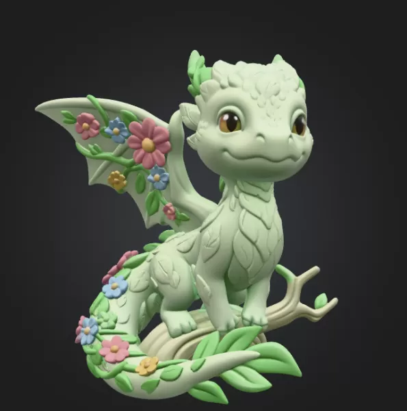 Floral Forest Dragon STL File 3D Printable Cute Fantasy Dragon - Model preview 3