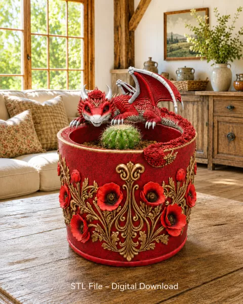 Crimson Poppy Dragon Planter STL File for 3D Print - Model preview 1